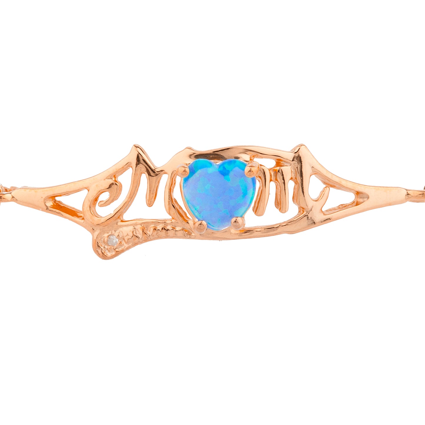 Blue Opal & Diamond Heart Mom Bracelet 14Kt Rose Gold Plated Over .925 Sterling Silver