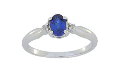 0.50 Ct Created Blue Sapphire & Diamond Oval Ring .925 Sterling Silver Rhodium Finish