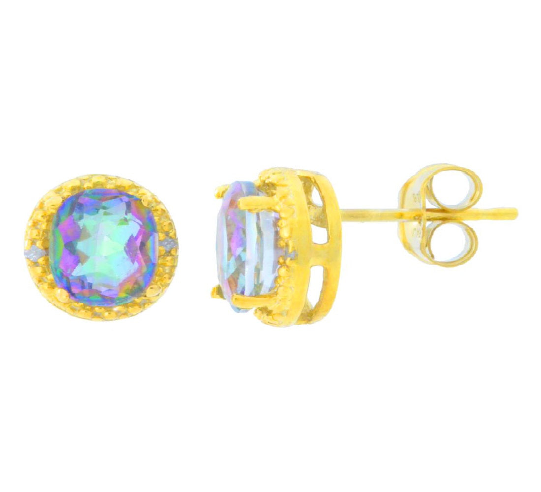 2 Ct Genuine Mystic Topaz & Diamond Round Stud Earrings 14Kt Yellow Gold Plated