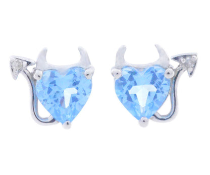 Blue Topaz & Diamond Devil Heart Stud Earrings 14Kt White Gold