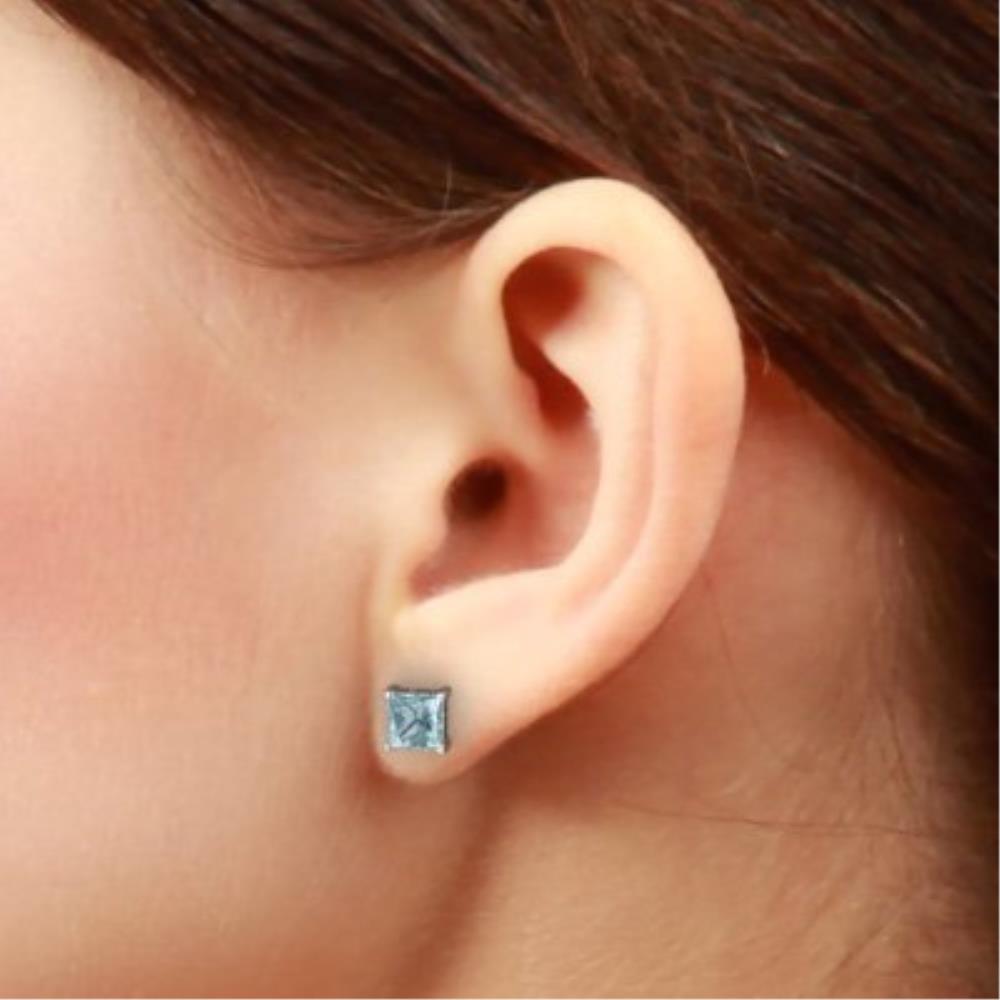 1 Ct Aquamarine Princess Cut Stud Earrings .925 Sterling Silver