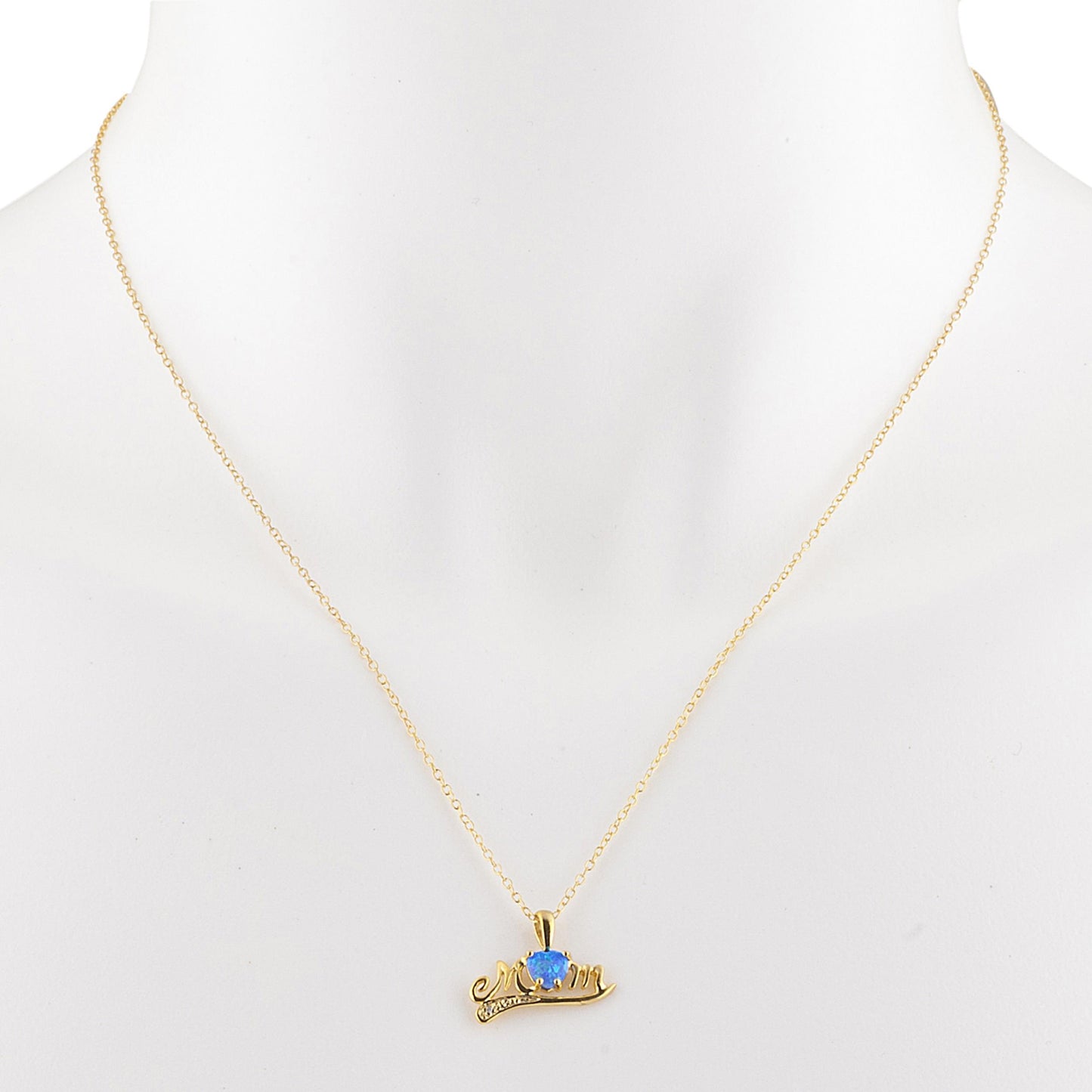 14Kt Yellow Gold Plated Blue Opal & Diamond Heart Mom Pendant