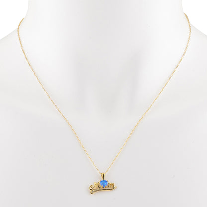 14Kt Yellow Gold Plated Blue Opal & Diamond Heart Mom Pendant