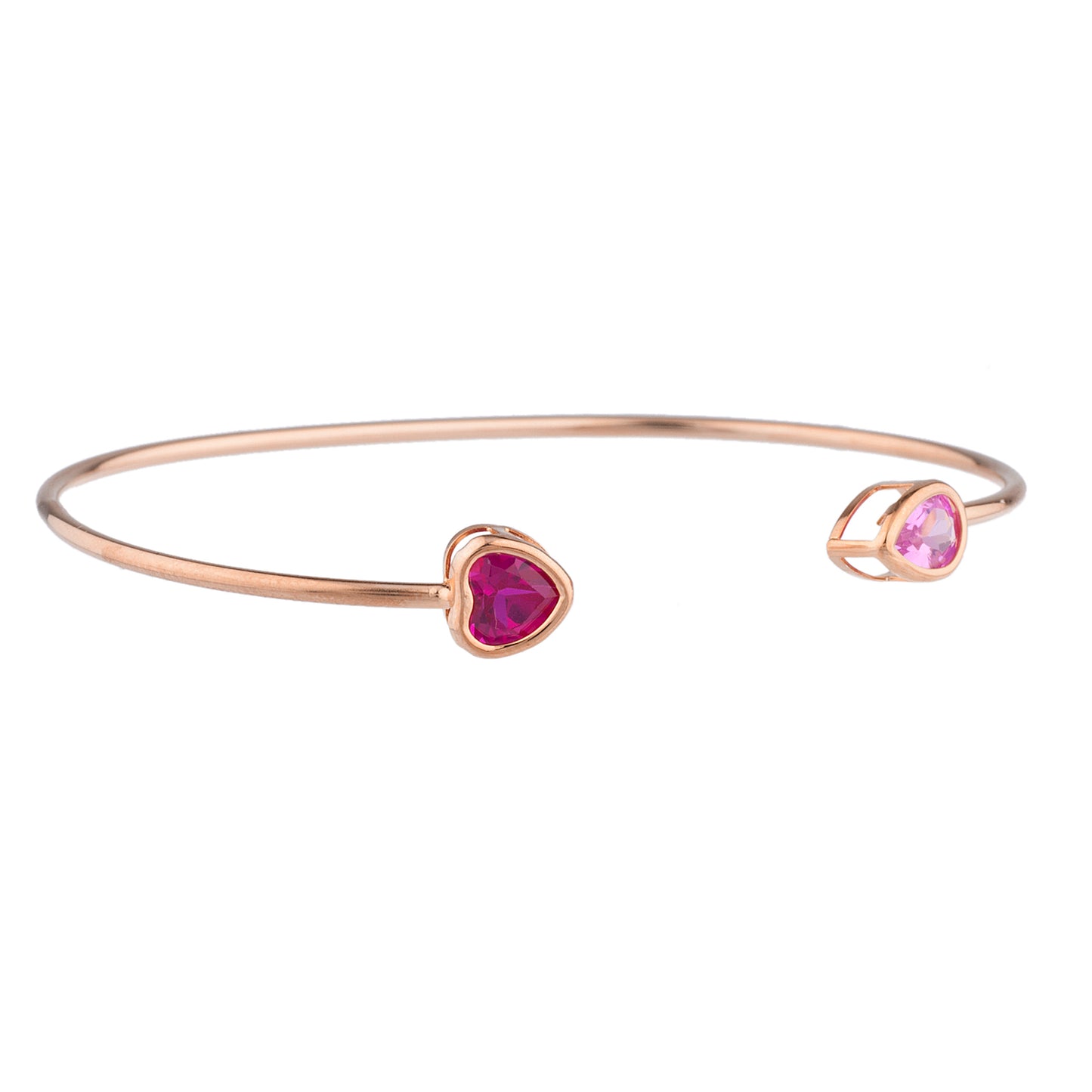 Created Ruby Heart & Pink Sapphire Pear Bezel Bangle Bracelet 14Kt Rose Gold Plated Over .925 Sterling Silver