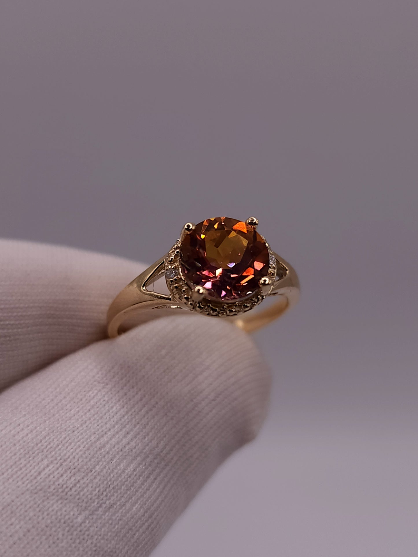 14Kt Gold 2 Ct Natural Ecstasy Mystic Topaz & Diamond Halo Design Round Ring