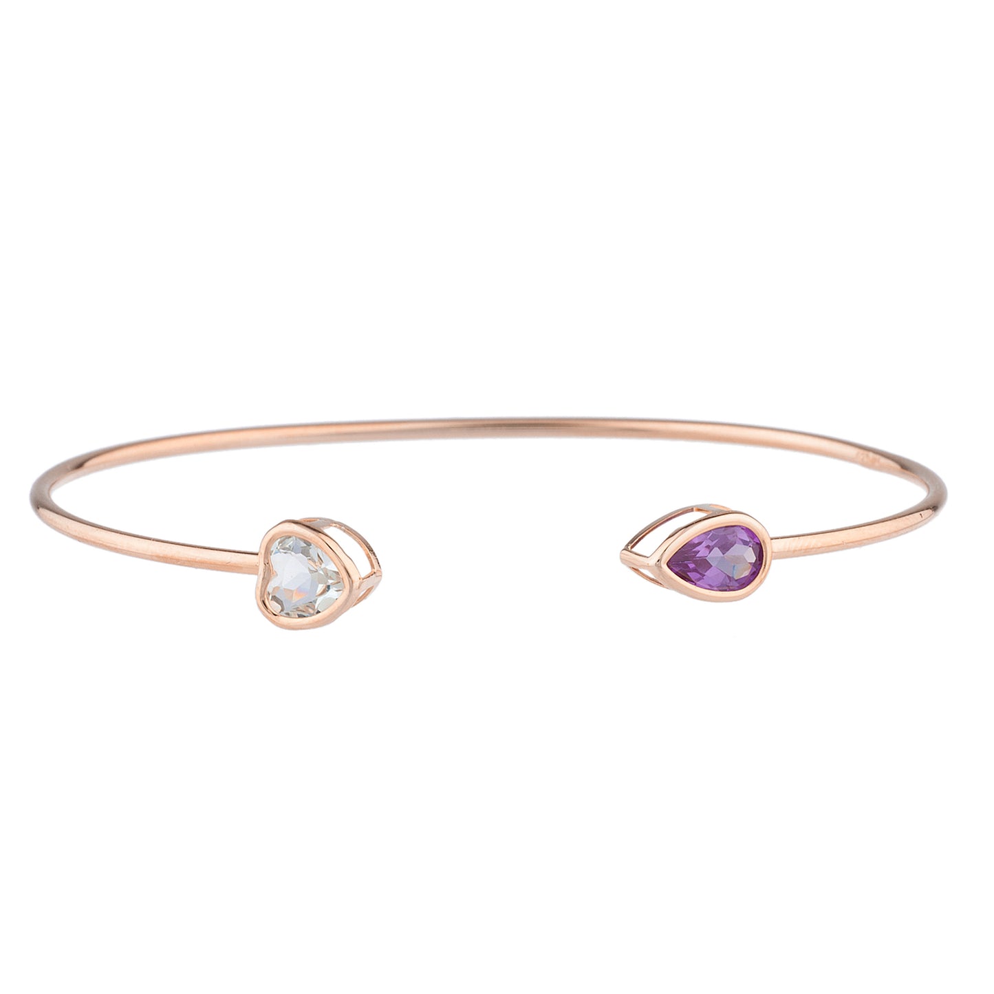 Genuine Aquamarine Heart & Amethyst Pear Bezel Bangle Bracelet 14Kt Rose Gold Plated Over .925 Sterling Silver