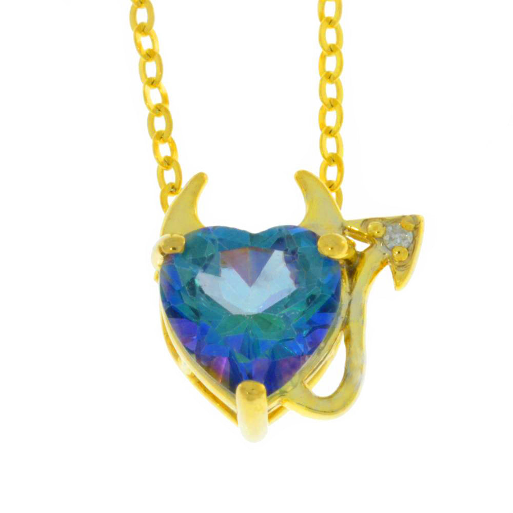 14Kt Yellow Gold Plated Natural Blue Mystic Topaz & Diamond Devil Heart Pendant