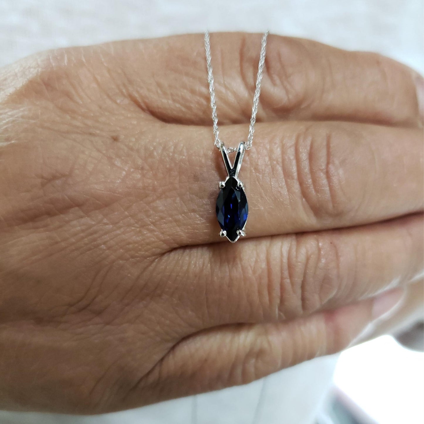 14Kt Gold Blue Sapphire Marquise Pendant Necklace