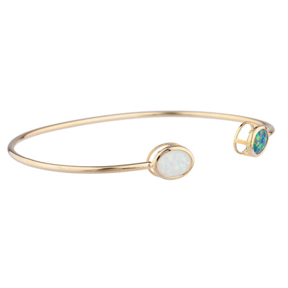 Black & White Opal Oval Bezel Bangle Bracelet 14Kt Yellow Gold Plated Over .925 Sterling Silver