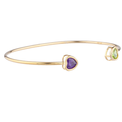 Alexandrite & Peridot Heart Bezel Bangle Bracelet 14Kt Yellow Gold Plated Over .925 Sterling Silver