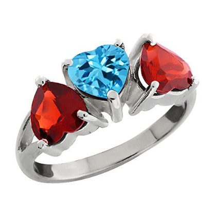 3 Ct Garnet & Blue Topaz Heart Ring .925 Sterling Silver Rhodium Finish