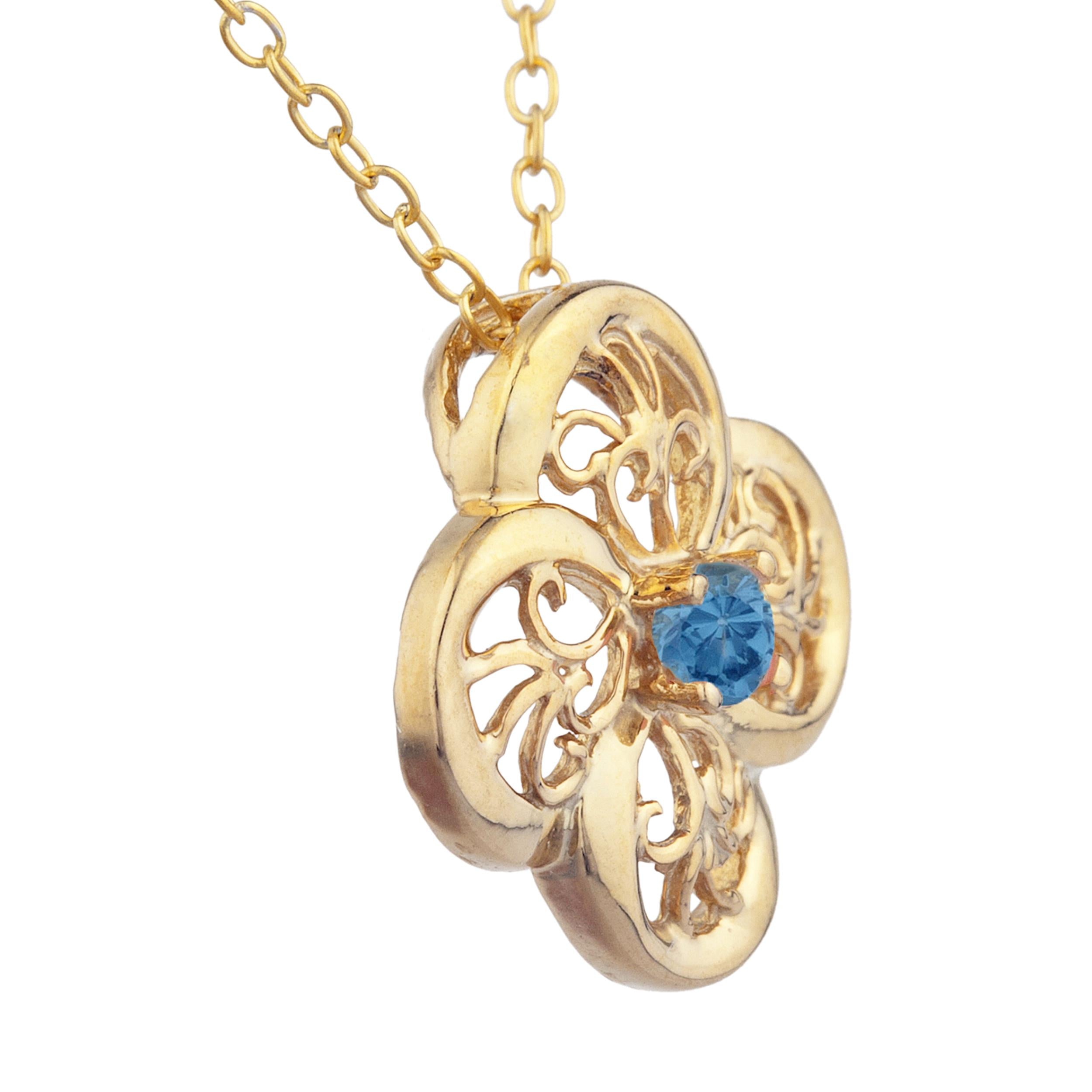 14Kt Gold London Blue Topaz Clover Design Pendant Necklace