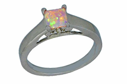 5mm Pink Opal & Diamond Princess Cut Ring .925 Sterling Silver Rhodium Finish