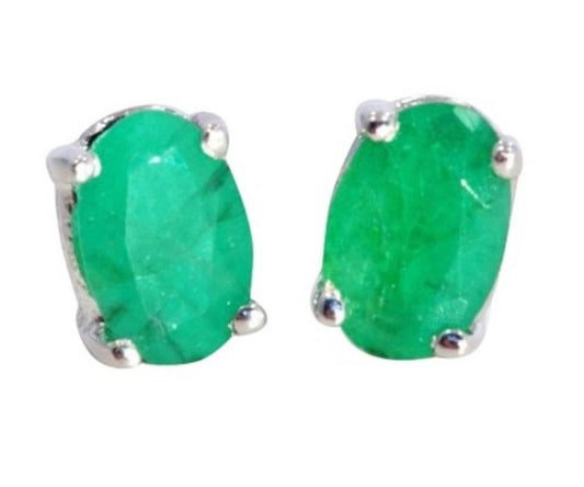 1 Carat Genuine Emerald Oval Stud Earrings .925 Sterling Silver