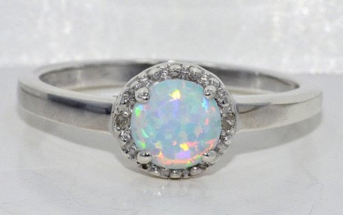 6mm Opal & Diamond Round Ring .925 Sterling Silver Rhodium Finish