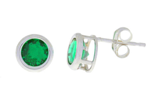 Emerald Bezel Round Stud Earrings .925 Sterling Silver