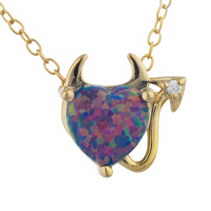 14Kt Gold Black Opal & Diamond Devil Heart Pendant Necklace