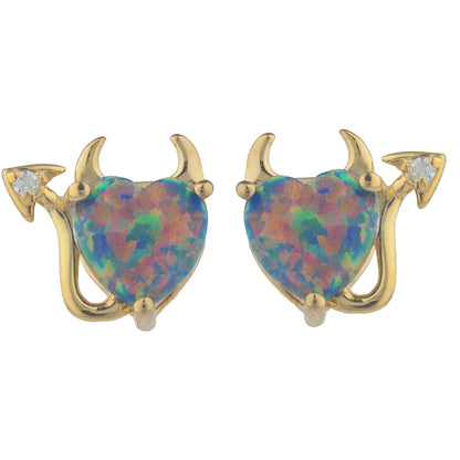 14Kt Gold Black Opal & Diamond Devil Heart Stud Earrings