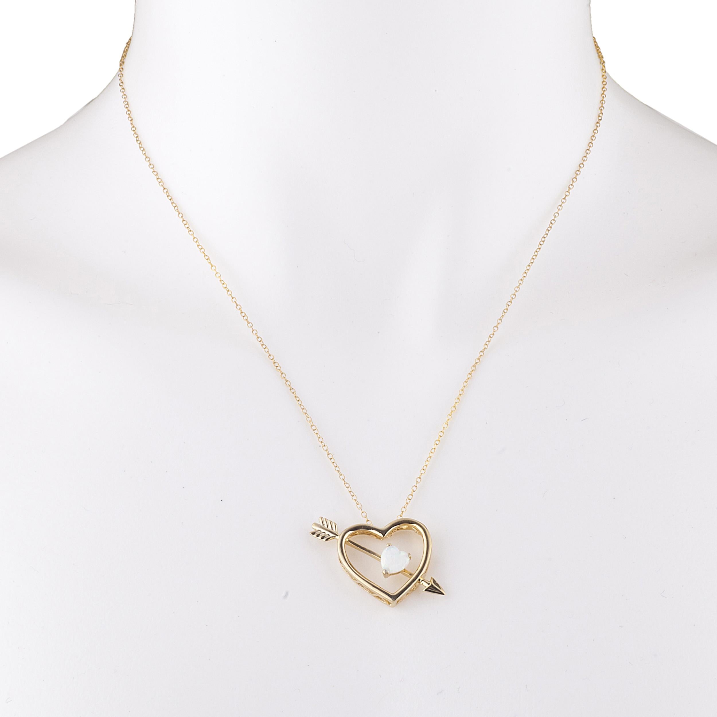 14Kt Gold Genuine Opal Heart Bow & Arrow Pendant Necklace