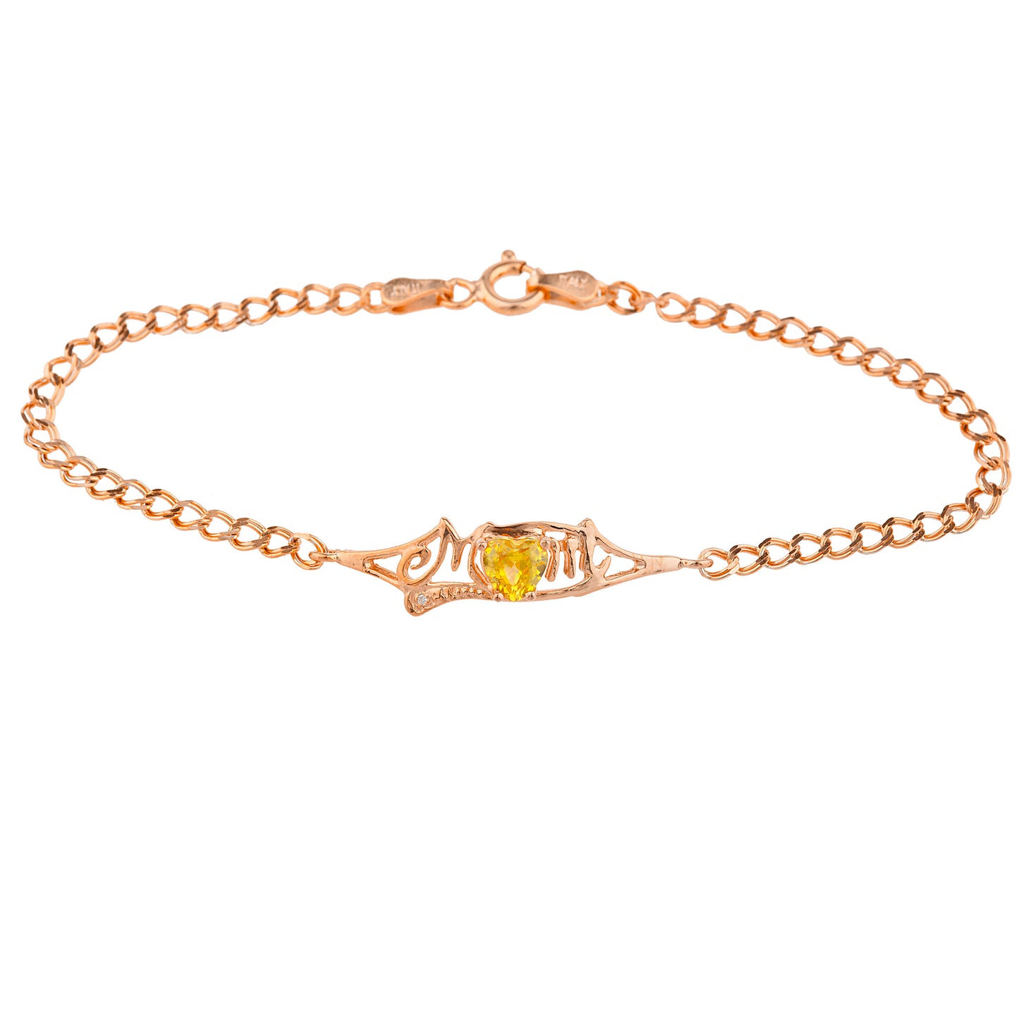 Yellow Citrine & Diamond Heart Mom Bracelet 14Kt Rose Gold Plated Over .925 Sterling Silver