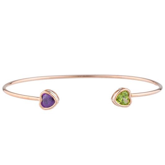 Peridot & Amethyst Heart Bezel Bangle Bracelet 14Kt Rose Gold Plated Over .925 Sterling Silver