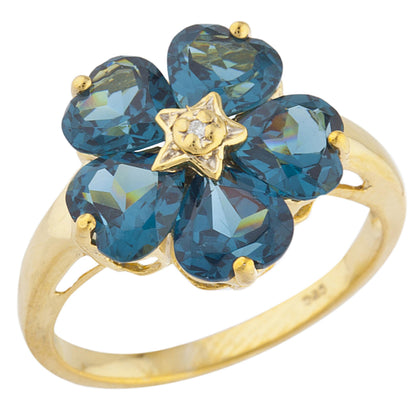 14Kt Gold London Blue Topaz & Diamond Heart Flower Design Ring