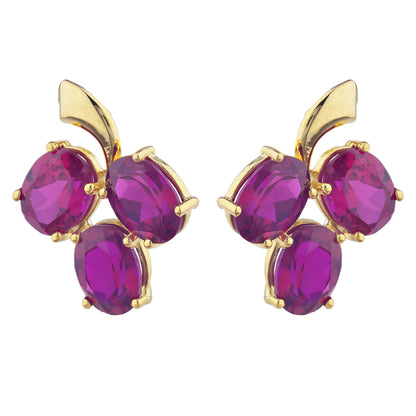 14Kt Yellow Gold Plated Created Ruby Oval Design Stud Earrings