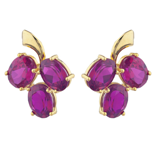 14Kt Yellow Gold Plated Created Ruby Oval Design Stud Earrings