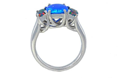 10x8mm Blue Opal & Black Opal Oval Ring .925 Sterling Silver Rhodium Finish