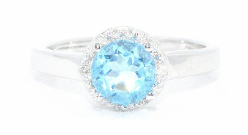 1 Ct Blue Topaz & Diamond Round Ring .925 Sterling Silver Rhodium Finish