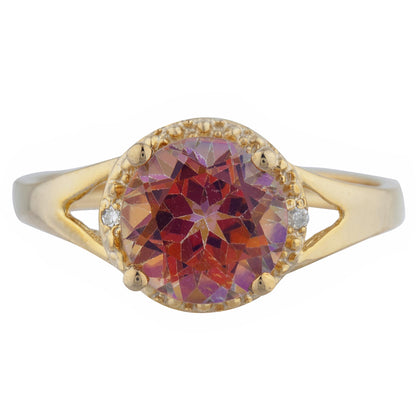 14Kt Gold 2 Ct Natural Ecstasy Mystic Topaz & Diamond Halo Design Round Ring