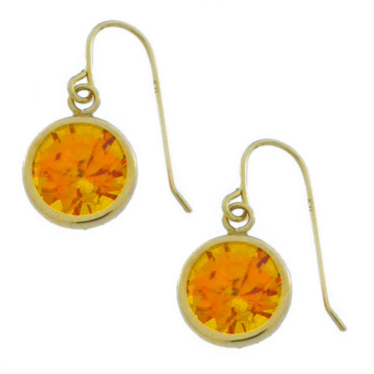 14Kt Yellow Gold Citrine 8mm Round Bezel Dangle Earrings