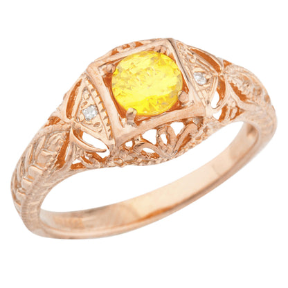 14Kt Gold Yellow Citrine & Diamond Design Round Ring