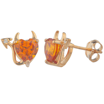 14Kt Gold Orange Citrine & Diamond Devil Heart Stud Earrings