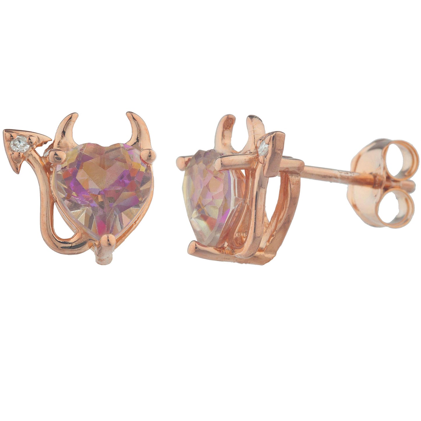 Natural Ecstasy Mystic Topaz & Diamond Devil Heart Stud Earrings 14Kt Rose Gold Plated