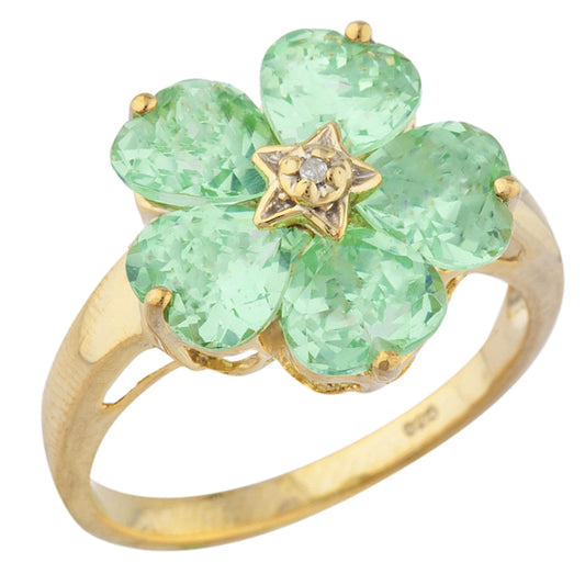 14Kt Gold Green Sapphire & Diamond Heart Flower Design Ring