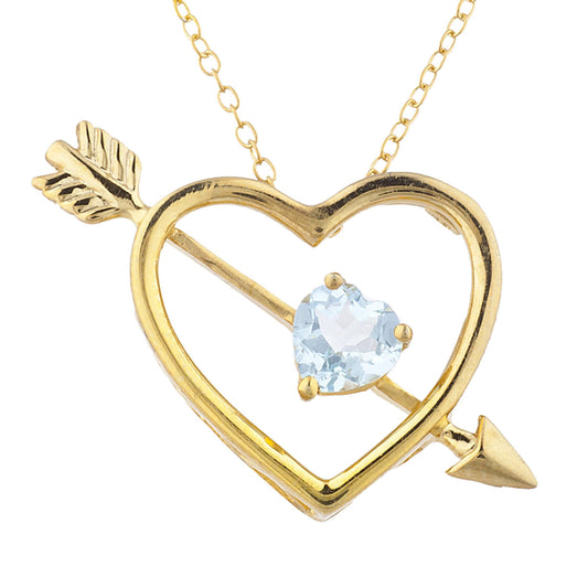 14Kt Yellow Gold Plated Aquamarine Heart Bow & Arrow Pendant