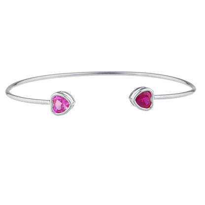 Created Ruby & Pink Sapphire Heart Bezel Bangle Bracelet .925 Sterling Silver