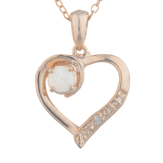 14Kt Rose Gold Plated Genuine Opal & Diamond Heart Pendant