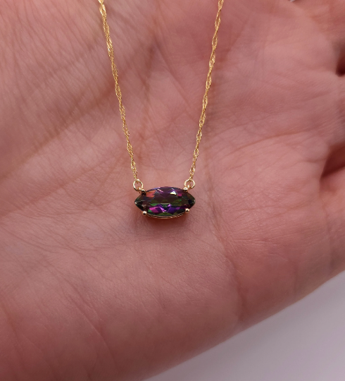 14Kt Gold Natural Mystic Topaz Marquise Pendant Necklace