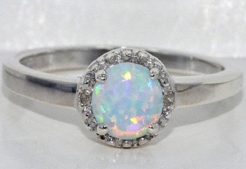 6mm Opal Round Diamond Ring .925 Sterling Silver Rhodium Finish