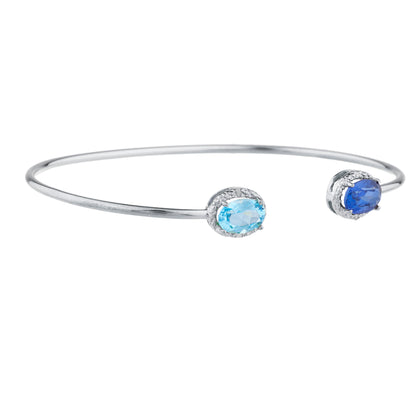 Blue Sapphire & Blue Topaz Diamond Bangle Oval Bracelet .925 Sterling Silver Rhodium Finish