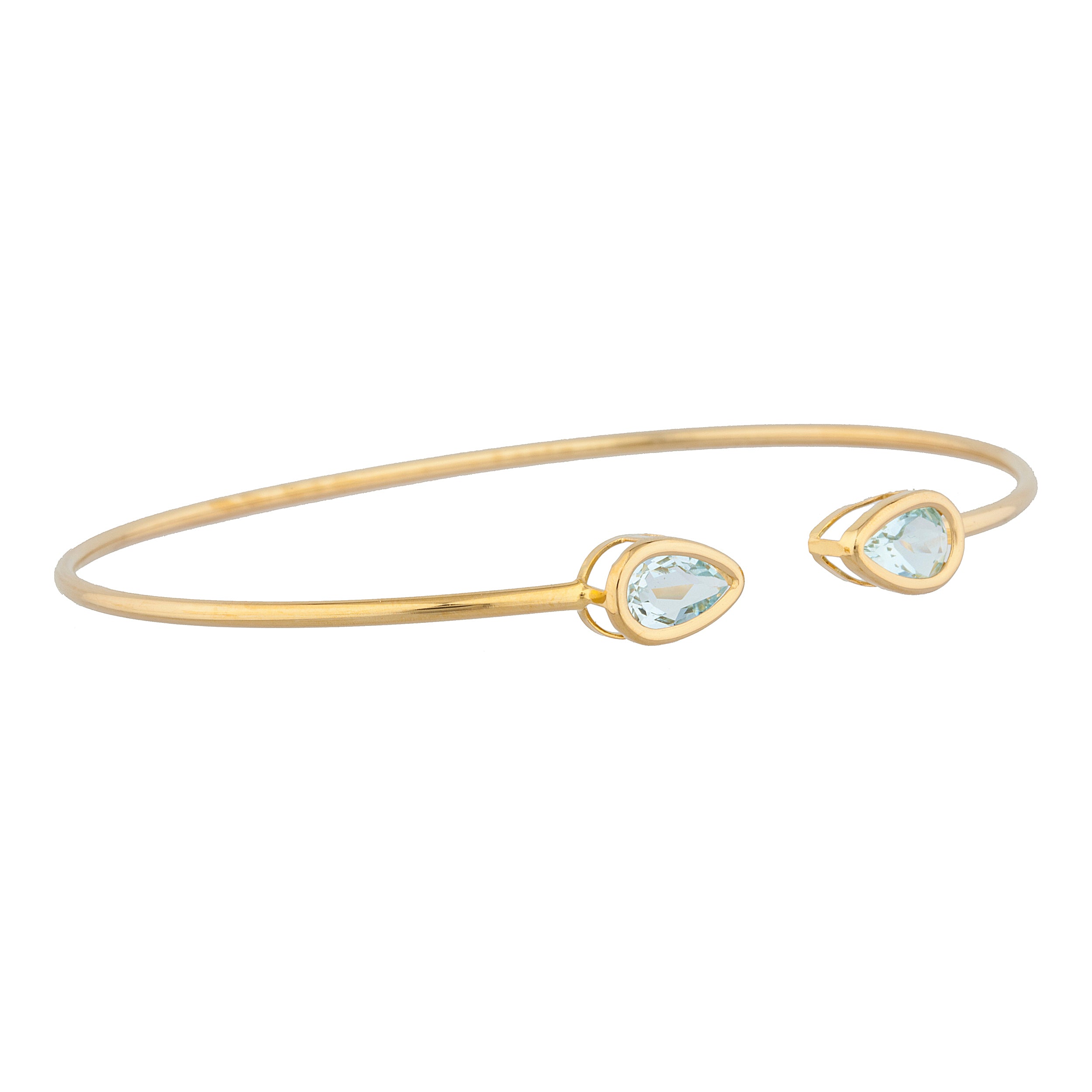 14Kt Gold Genuine Aquamarine Pear Bezel Bangle Bracelet