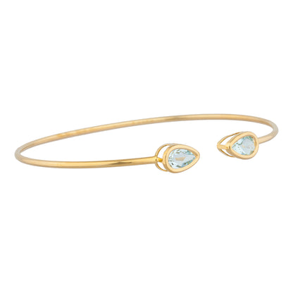 14Kt Gold Genuine Aquamarine Pear Bezel Bangle Bracelet