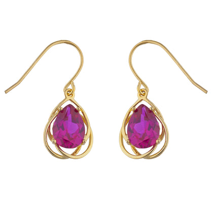 14Kt Yellow Gold Plated Created Ruby Pear Teardrop Design Dangle Earrings