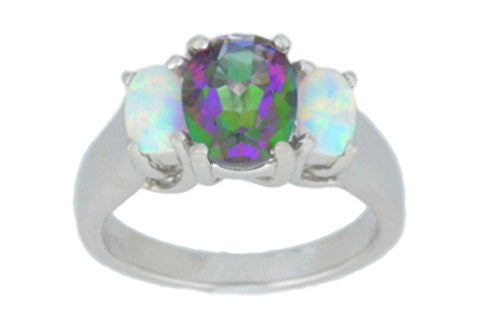 2.5 Ct Mystic Topaz & Opal Oval Ring .925 Sterling Silver Rhodium Finish