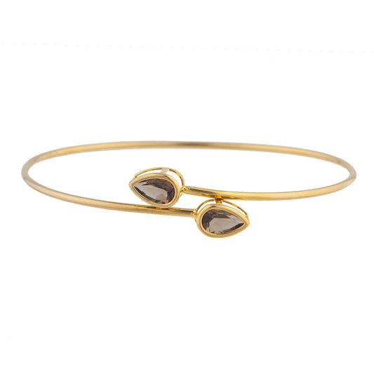 14Kt Yellow Gold Plated Genuine Smoky Topaz Pear Bezel Bangle Bracelet