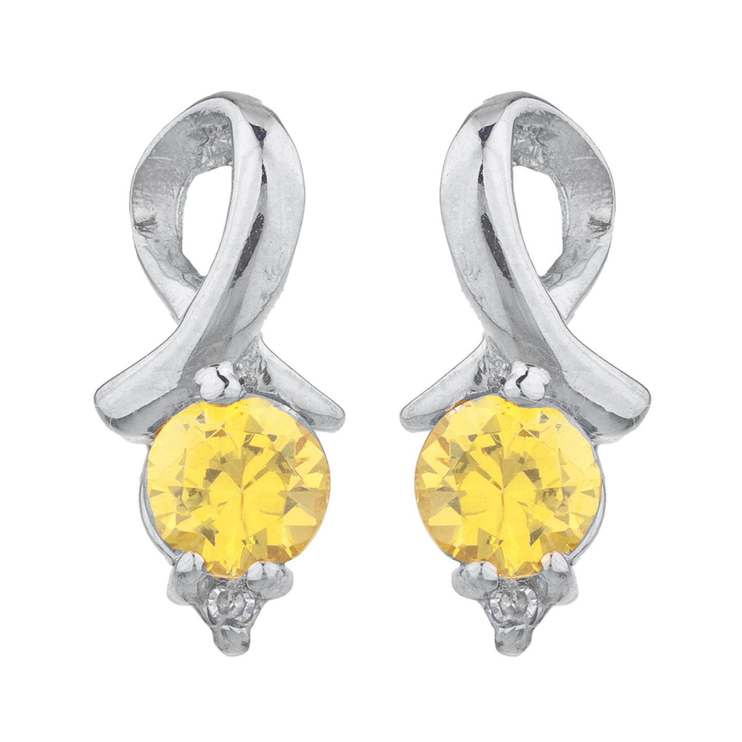 1 Ct Yellow Citrine & Diamond Round Design Stud Earrings .925 Sterling Silver