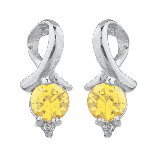 1 Ct Yellow Citrine & Diamond Round Design Stud Earrings .925 Sterling Silver