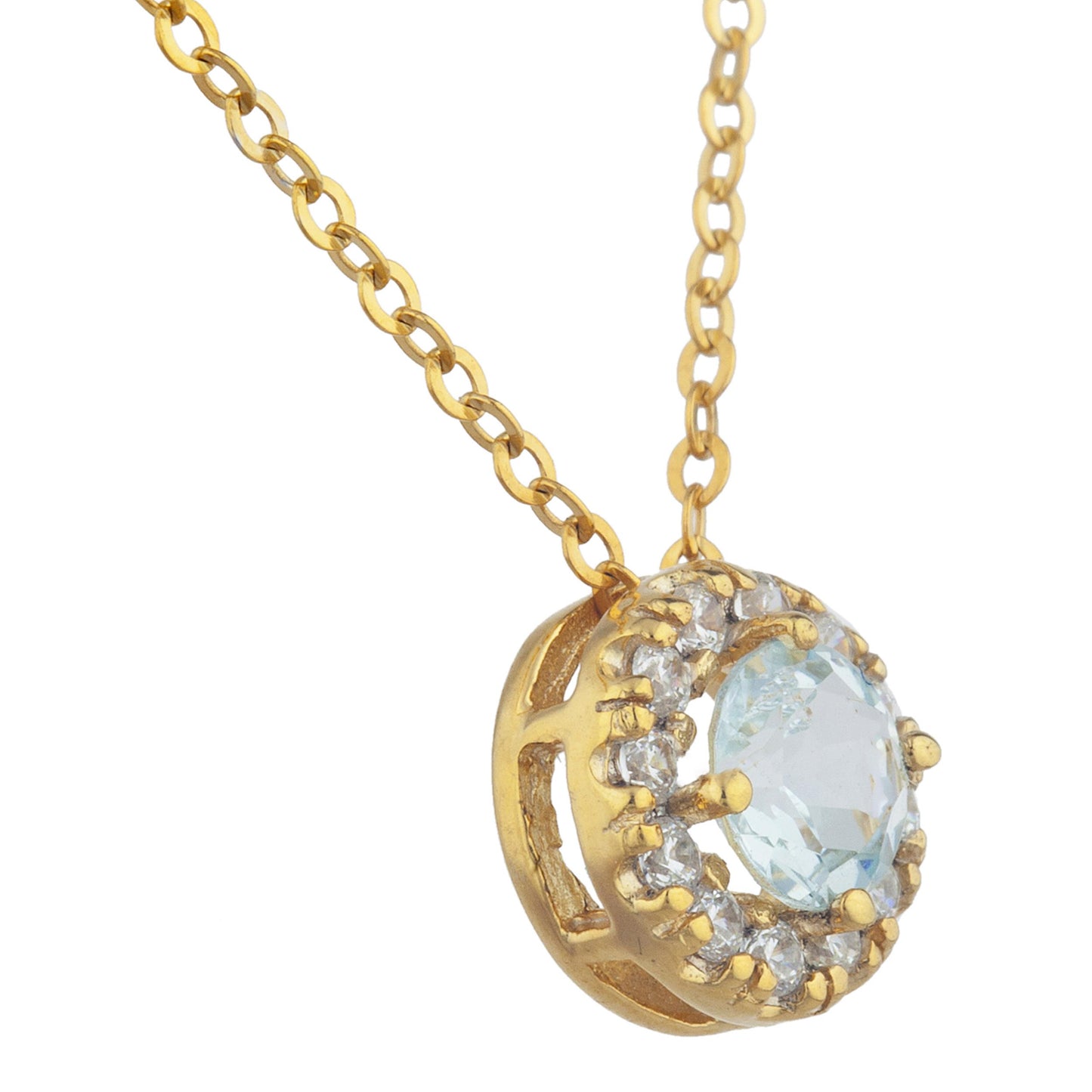 14Kt Gold 0.50 Ct Genuine Aquamarine Halo Design Pendant Necklace